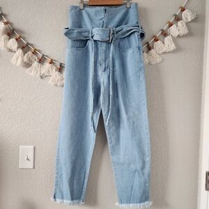 Marques Almeida Blue Denim Crossover Belted Buckle Jeans Designer Grunge Boho 6